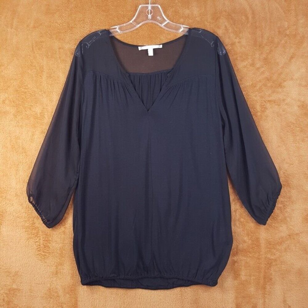 SOFT JOIE Womens Top Small Black Pullover VNeck Sheer Sleeve Yoke Lightweight